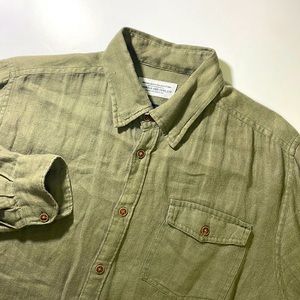 Barbour mens S Small dark green 100% linen button up casual outdoors shirt EUC